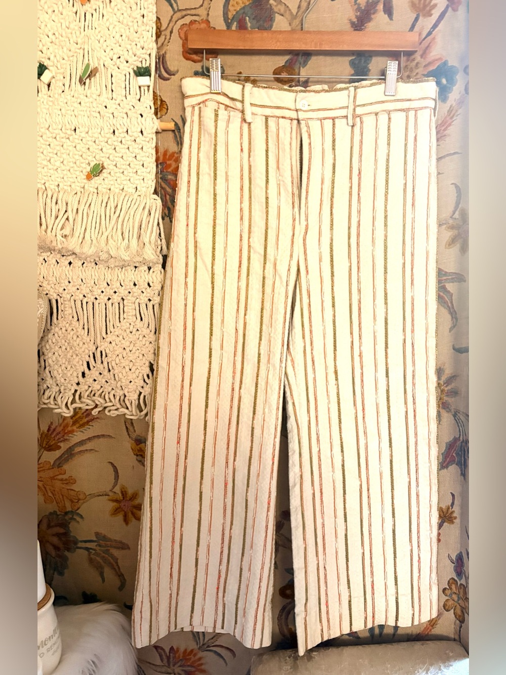 Johnny Was Cream Wide-Leg Pants with Tan and Rust Stripes
